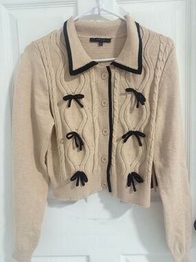 Coquette Bow Cardigan Beige Cable Knit Sweater (Large) NWT